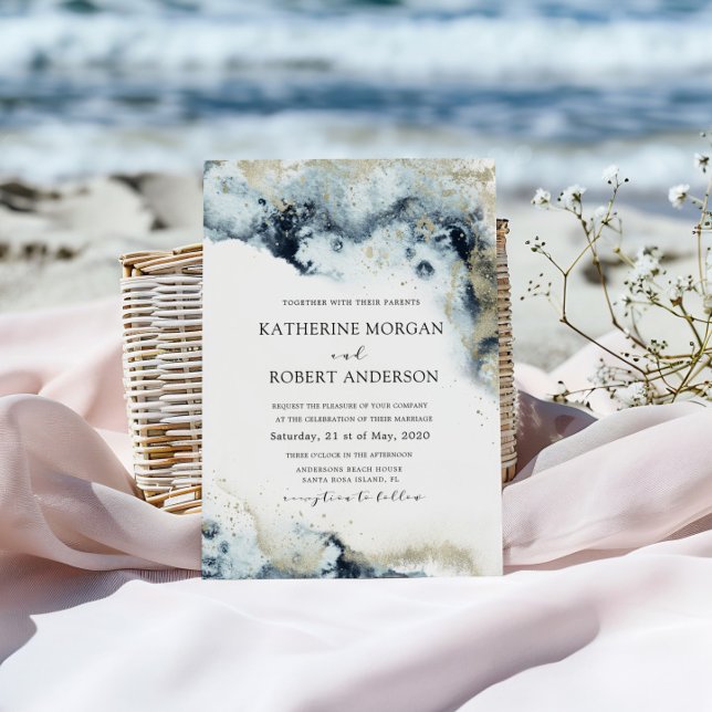 Convite Casamento Minimalista Azul e Dourado (Criador carregado)