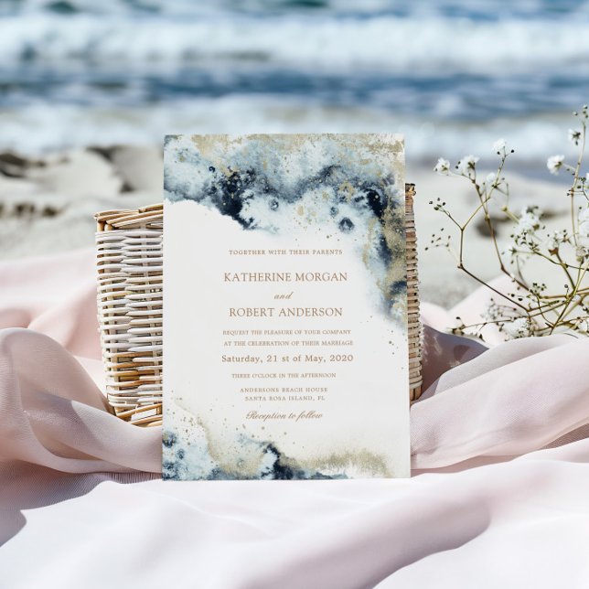 Convite Casamento Minimalista Azul e Dourado (Criador carregado)