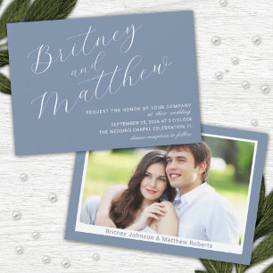 Convite Casamento Minimalista Azul Empoeirado Foto Elegant