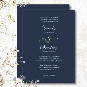 Convite Casamento Minimalista Azul Marinho Dourado Branco