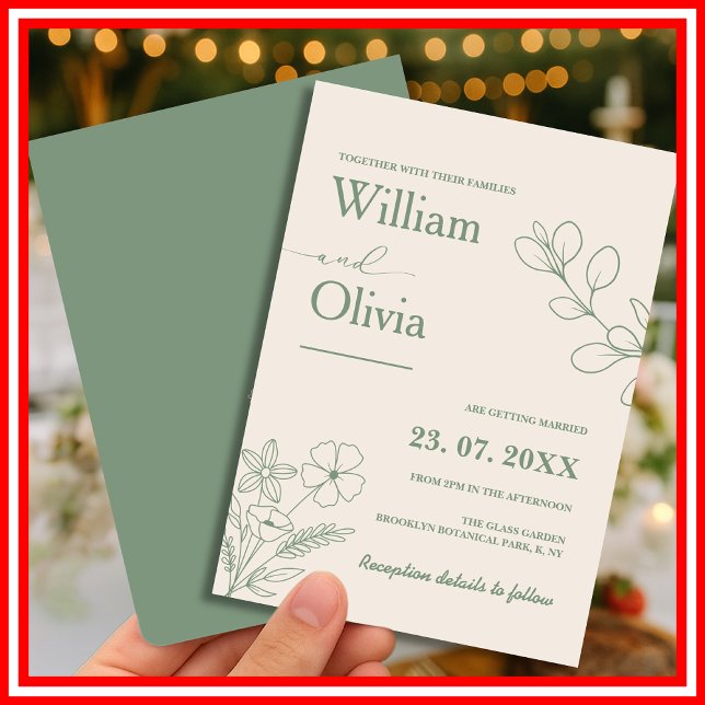 Convite Casamento Minimalista Boho com Verde Salvia e Folh (Criador carregado)