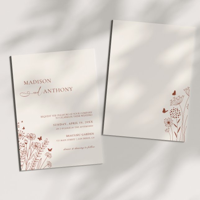 Convite Casamento Minimalista Boho Terracotta Wildflower (Criador carregado)