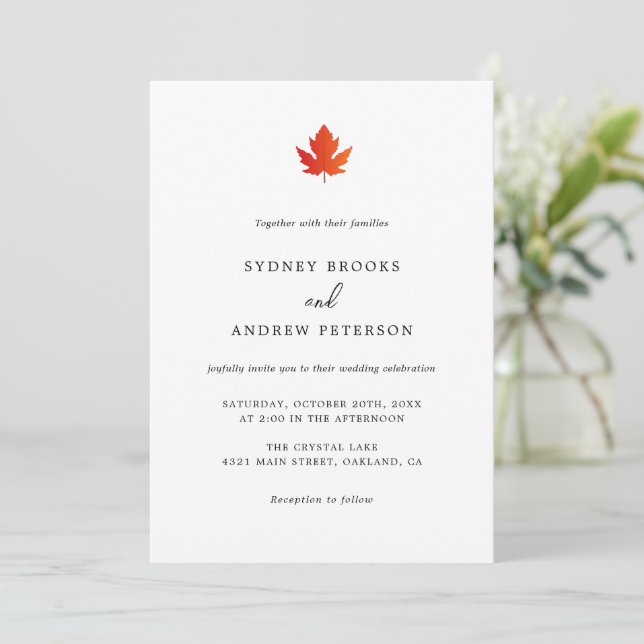 Convite Casamento Minimalista Branco Romance de Outono (Em pé/Frente)