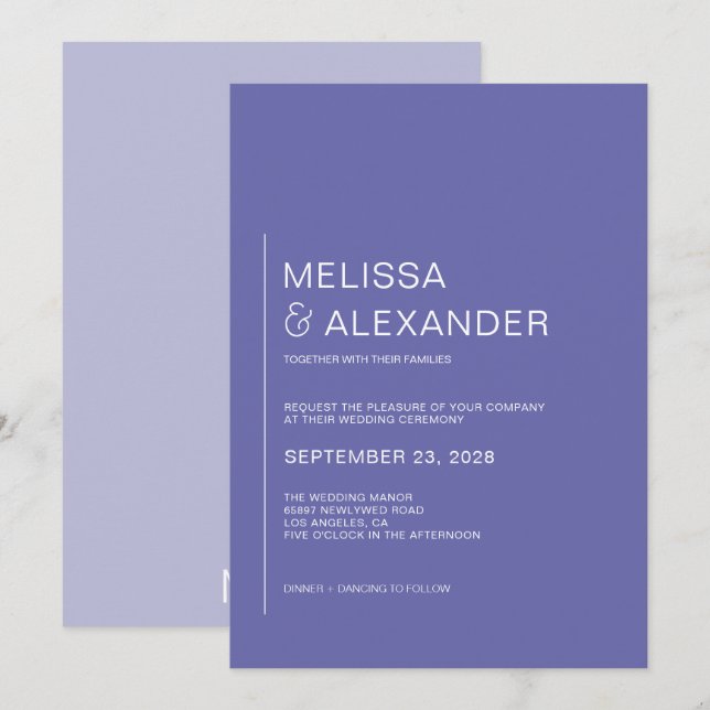 Convite Casamento minimalista chic branco e pervinca (Frente/Verso)