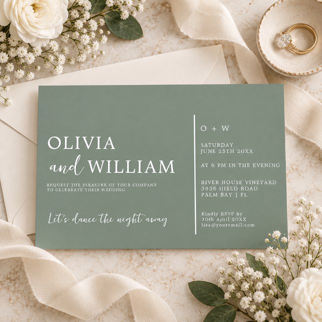 Convite Casamento Minimalista Chic em Verde Sálvia com Let (Sage Green Chic Minimal Script Wedding)
