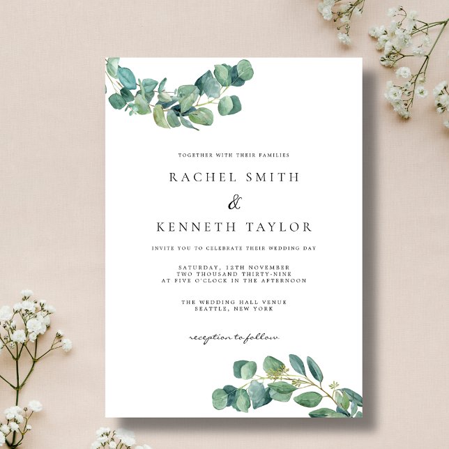 Convite Casamento Minimalista Chic Eucalyptus Black & Whit (Criador carregado)