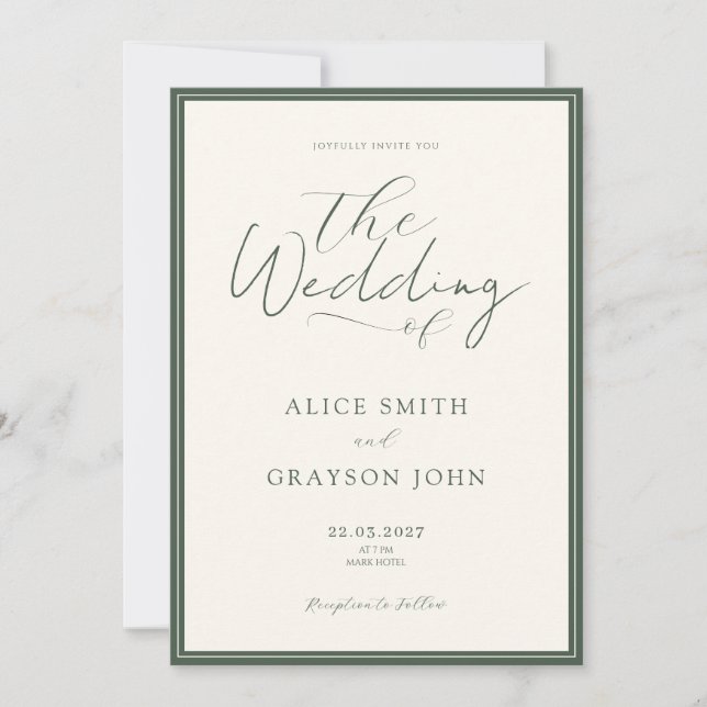 Convite Casamento Minimalista Clássico Rústico Verde (Frente)