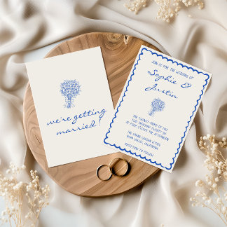 Convite Casamento Minimalista com Borda Sinuosa Azul Elega