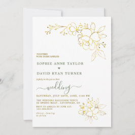 Convite Casamento Minimalista com Flores Douradas em Verde