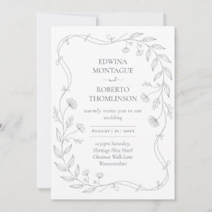 Convite Casamento Minimalista com Folha Floral Desenhada à