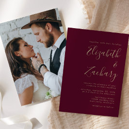 Convite Casamento Minimalista com Foto em Burgundy e Doura