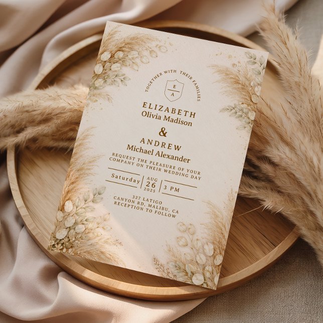 Convite Casamento Minimalista com Grama de Pampas Bege (Criador carregado)