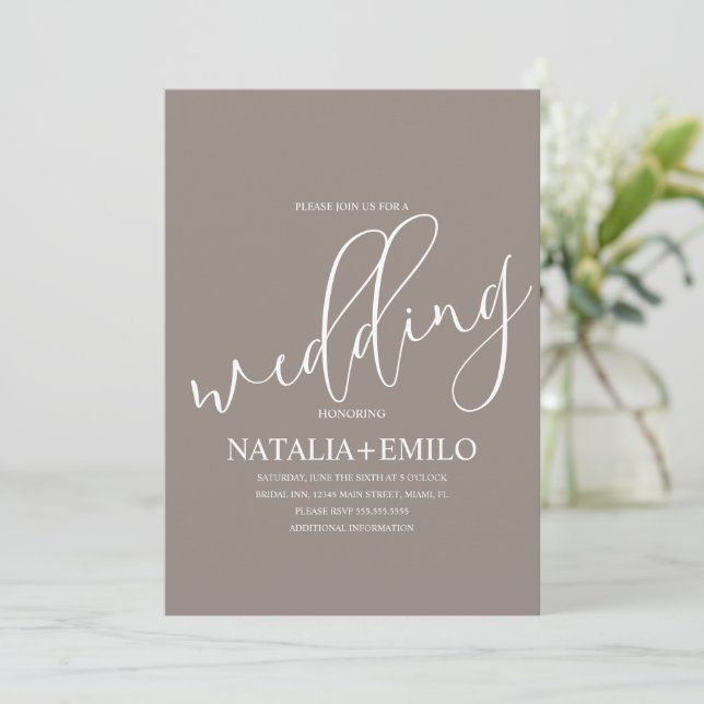 Convite Casamento Minimalista com Letra Cursiva Bege Moder (Em pé/Frente)