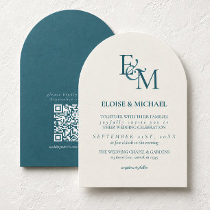 Convite Casamento Minimalista com Monograma Azul Teal Clás