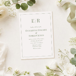 Convite Casamento Minimalista com Monograma Branco e Oliva