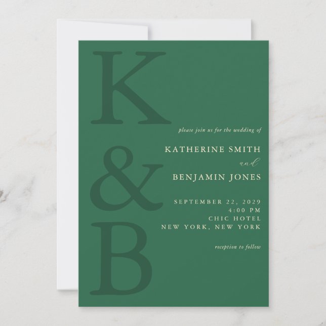 Convite Casamento Minimalista com Monograma Verde Moderno (Frente)