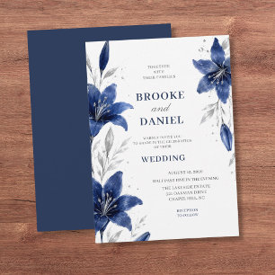 Convite Casamento Minimalista com Ramalhete de Lírios Navy