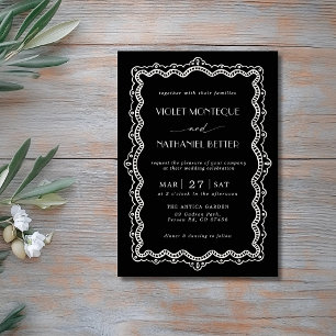 Convite Casamento Minimalista com Renda Preta e Branca Old