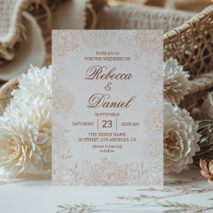 Convite Casamento Minimalista de Arte de Linha Floral Bege
