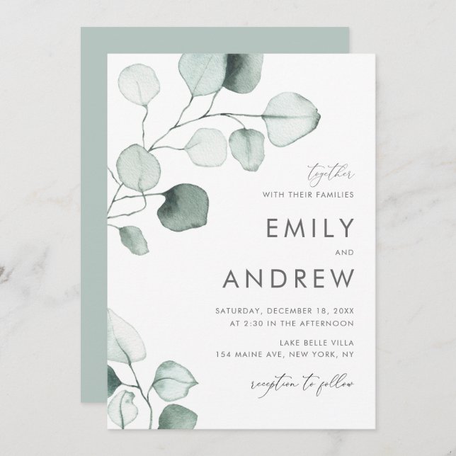 Convite Casamento Minimalista De Eucalyptus De Aquarela (Frente/Verso)