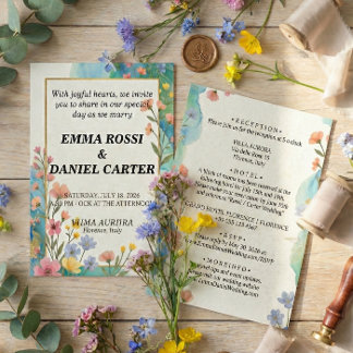 Convite Casamento Minimalista de Floral em Aquarela e Dour