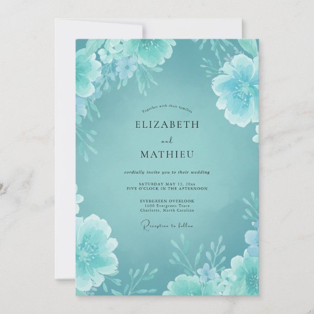 Convite Casamento Minimalista de Peônia Aqua (Frente)