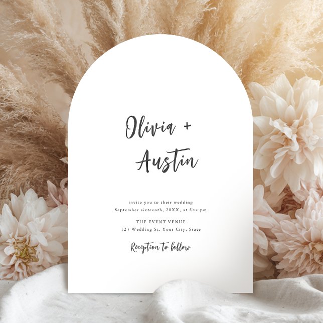 Convite Casamento Minimalista de Script Chic Moderno Branc (Black White Modern Chic Script Minimalist Wedding Invitation)