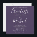 Convite Casamento Minimalista De Script Elegante Roxo<br><div class="desc">Apresentando nomes elegantes de estilo de assinatura,  este convite de casamento de na moda pode ser personalizado com seus detalhes de casamento em tipografia moderna em um fundo roxo. Você pode personalizar a cor de fundo para corresponder ao seu tema de casamento. Projetado por Thisnotme©</div>