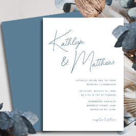 Convite Casamento Minimalista de Script Timísico Dusty Blu