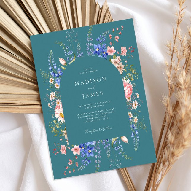 Convite Casamento Minimalista de Teal Boho Wildflower (Criador carregado)