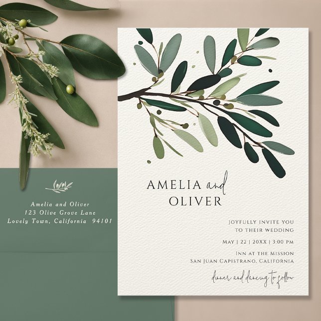 Convite Casamento Minimalista do Branch da Oliveira Elegan (Olive tree branch wedding invitation, olive green botanical wedding invite, watercolor wedding card)