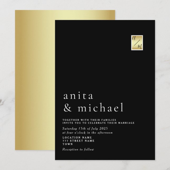 Convite Casamento Minimalista Dourado e Preto (Frente/Verso)