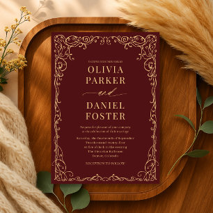 Convite Casamento Minimalista Dourado Elegante Burgundy