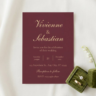 Convite Casamento Minimalista Elegante Burgundy Dourado