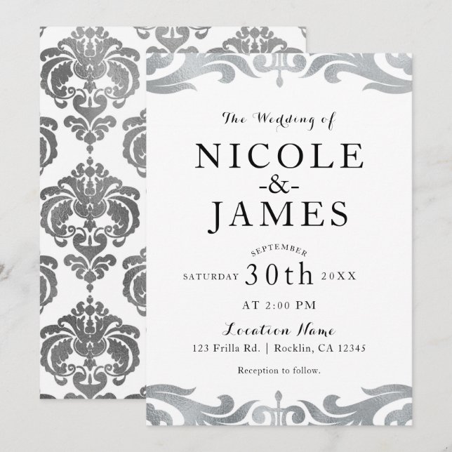 Convite Casamento Minimalista Elegante Chic Damasco Prata  (Frente/Verso)