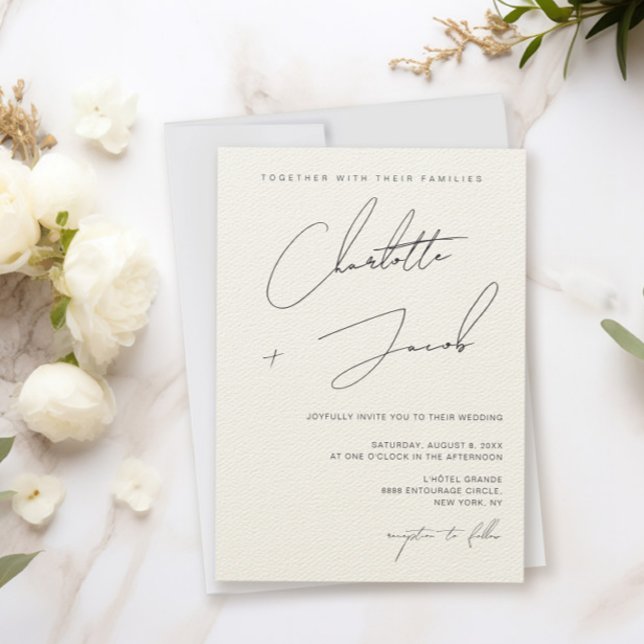 Convite Casamento Minimalista Elegante em Marfim (Elegant Chic Minimalist Handlettering script names Ivory wedding invitation)