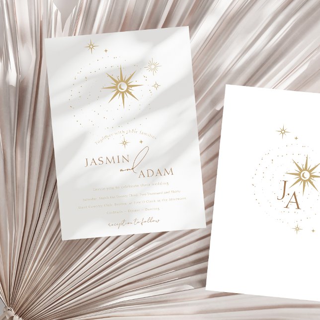 Convite Casamento Minimalista Elegante Estrelas Celestiais (Celestial White Stars and Gold Wedding Foil Invitation)