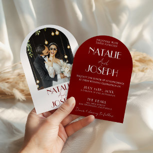 Convite Casamento Minimalista em Arco com Foto em Burgundy