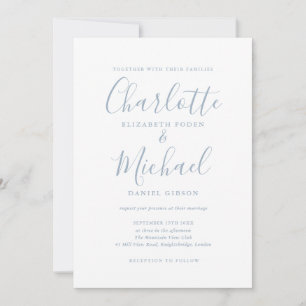 Convite Casamento Minimalista em Azul Poeirento com Letra