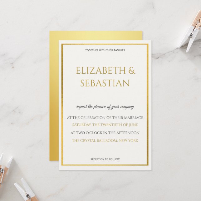 Convite casamento minimalista em ouro e branco (Frente/Verso In Situ)
