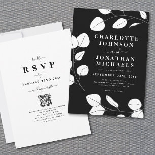 Convite Casamento Minimalista em Preto e Branco com Folha