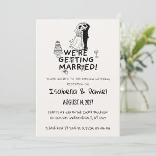 Convite Casamento Minimalista Esboço de Casal Preto e Bran