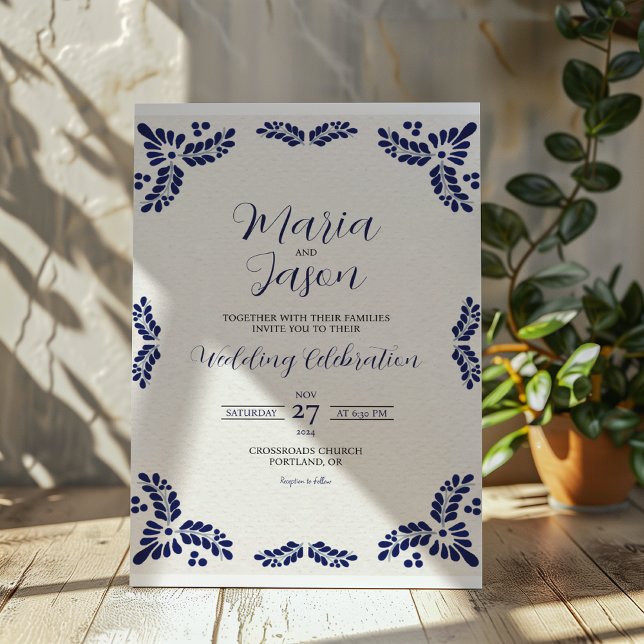Convite Casamento Minimalista Floral Azul-Talavera Mexican (Mexican Talavera Blue Floral Minimalist Wedding Invitation)