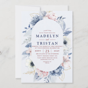 Convite Casamento Minimalista Floral Simples Branco Azul f
