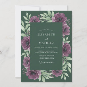 Convite Casamento Minimalista Floresta Folhagem Ameixa