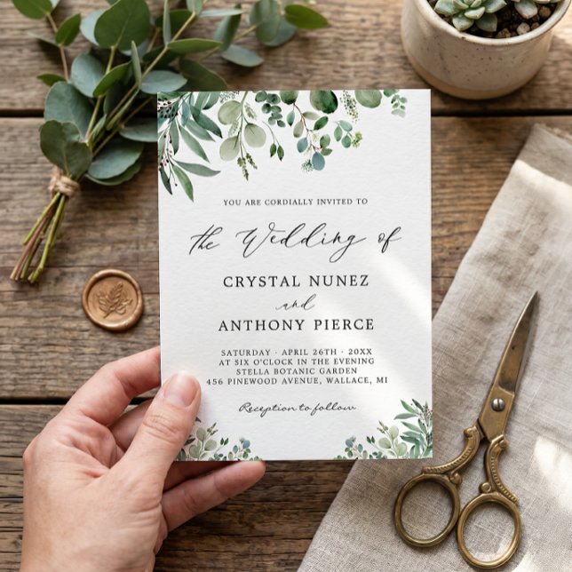 Convite Casamento Minimalista Folhas de Eucalipto Verde (Criador carregado)