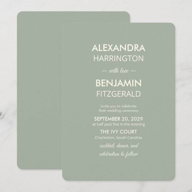 Convite Casamento Minimalista Moderno | Atemporal em Verde (Frente/Verso)