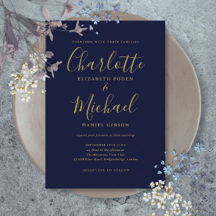Convite Casamento Minimalista Moderno Azul Naval Dourado