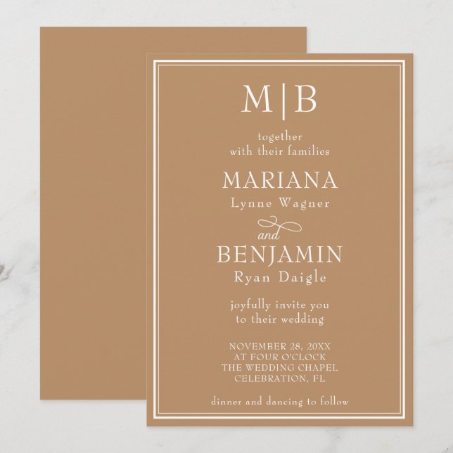 Convite Casamento Minimalista Moderno Bege (Frente/Verso)