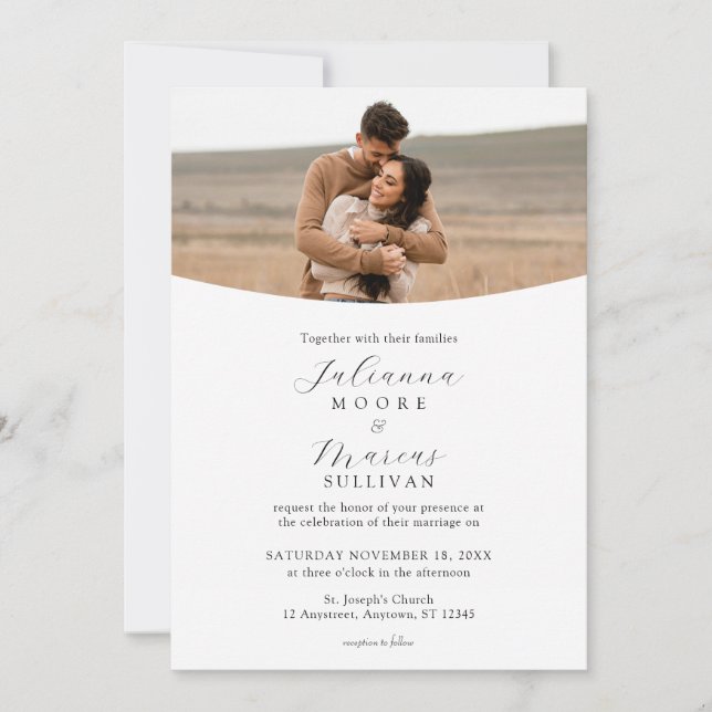 Convite Casamento Minimalista Moderno Branco com Foto (Frente)